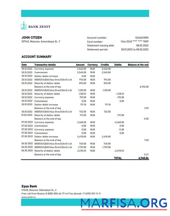 Blank Russia Zenit bank statement excel template